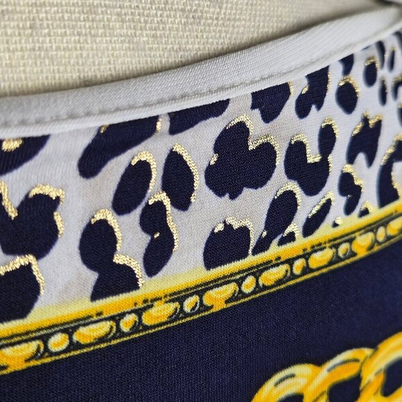 Cache Size 10 Navy Gold White Sheath Dress Animal Print Chain Pattern Sleeves - Picture 8 of 11
